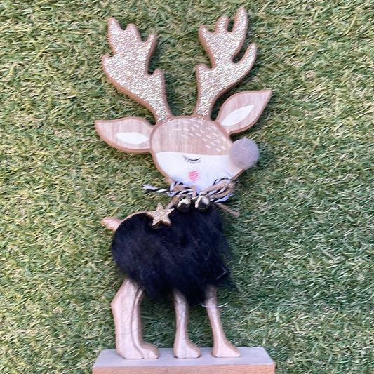 24cm GLITTER BLACK FUR WOODEN REINDEER