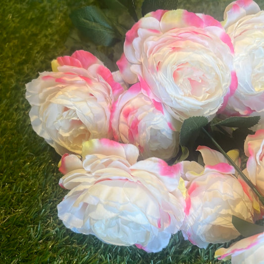 LARGE ENGLISH ROSE/RANUNCULUS BUNCH PINK TIPPED RIPPLE