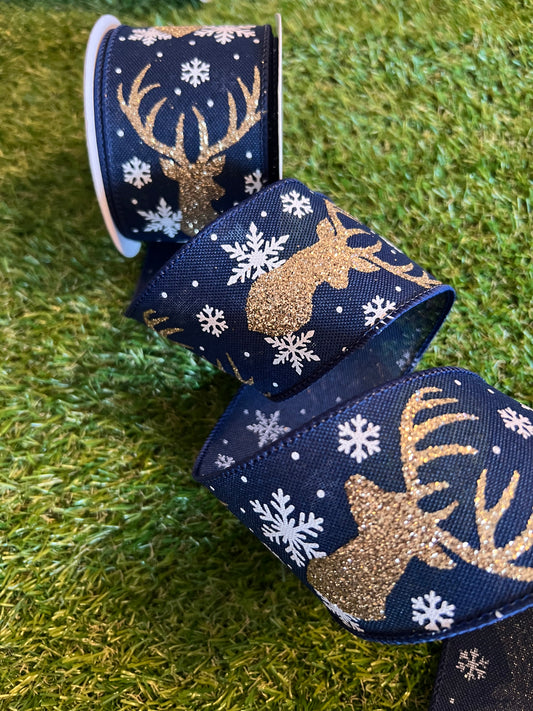 GOLD GLITTER STAG AND SNOWFLAKE NAVY RIBBON WIRED 63mm x 9.1m