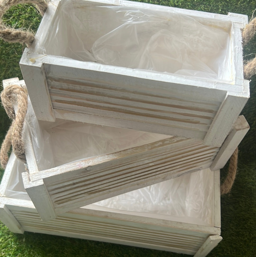 RECTANGLE WHITEWASH WOODEN SQUARE PLANTER ROPE HANDLES SET OF 3