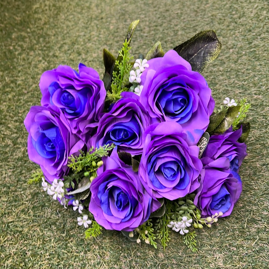 10 HEAD BLUE/PURPLE LARGE ROSE BUNCH