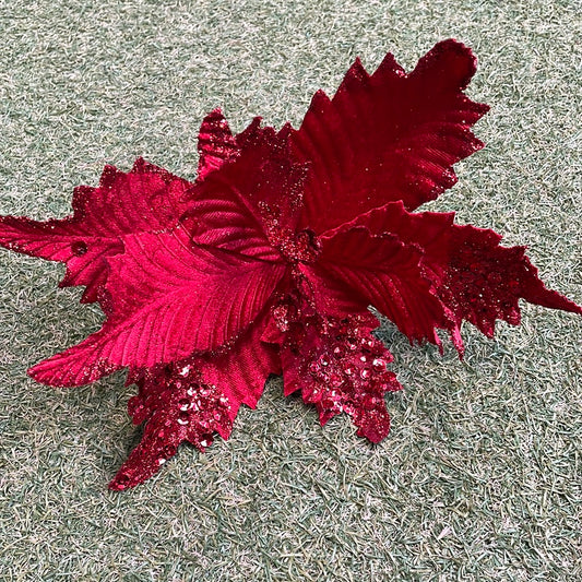 27cm BRIGHT RED VELVET GLITTER POINSETTIA