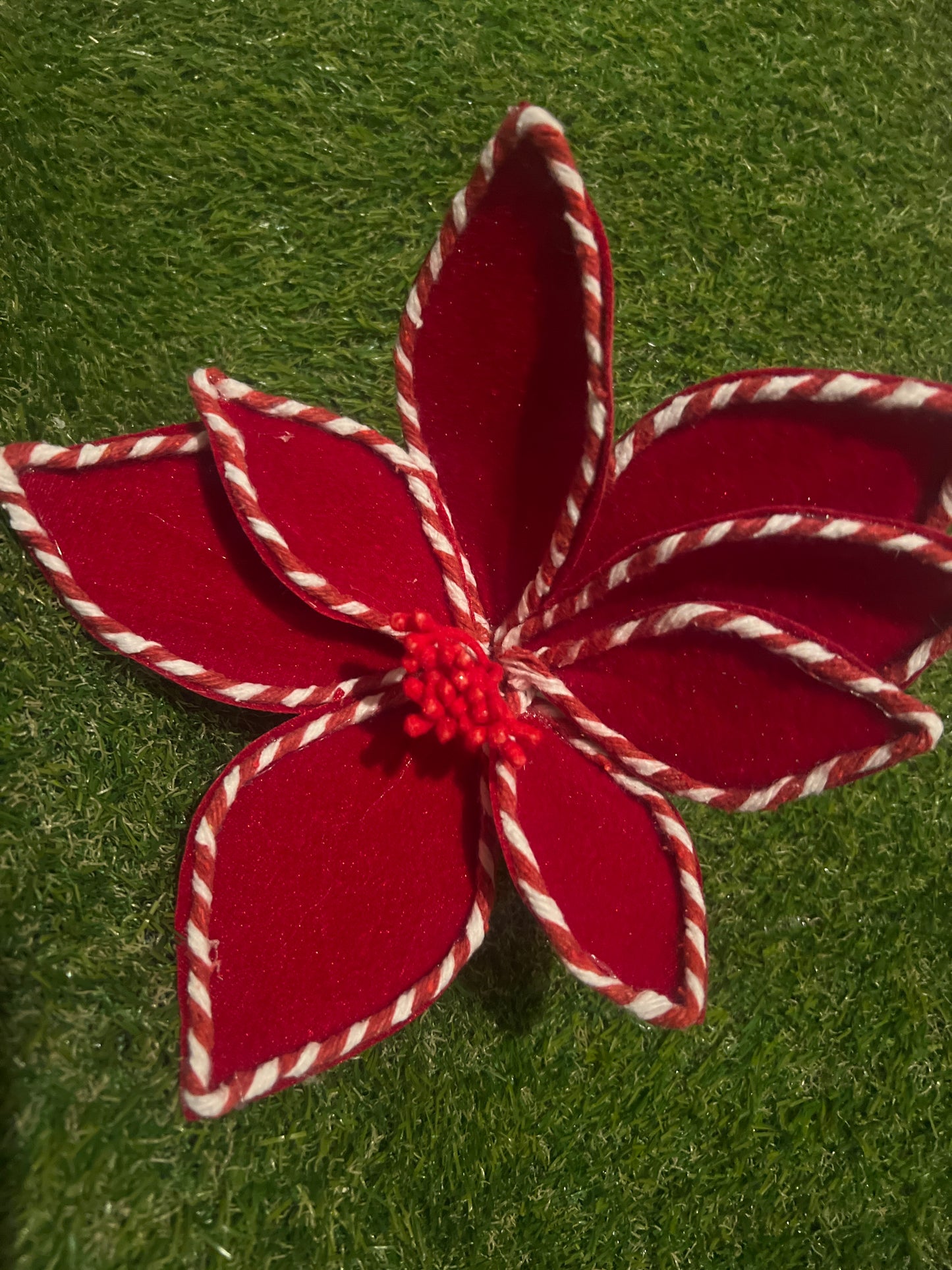 24cm RED CANDY STRIPE EDGE VELVET POINSETTIA