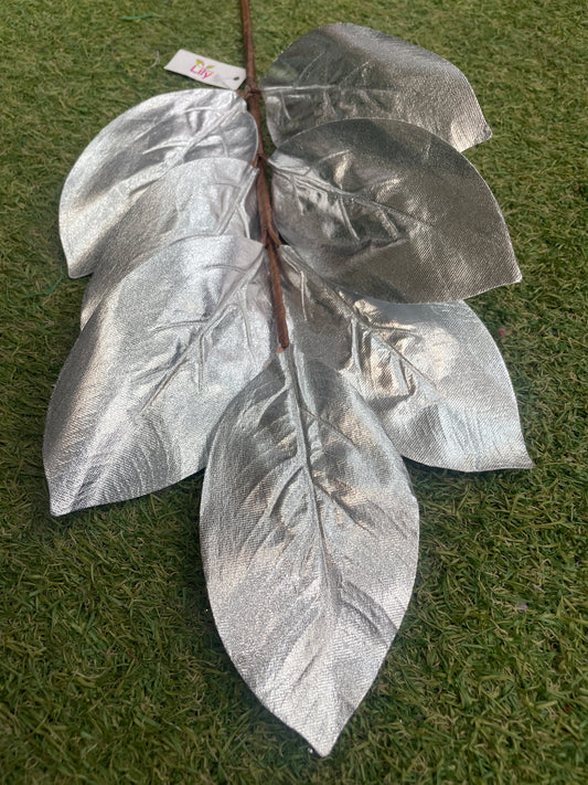 55cm METALLIC MAGNOLIA LEAF SILVER STEM