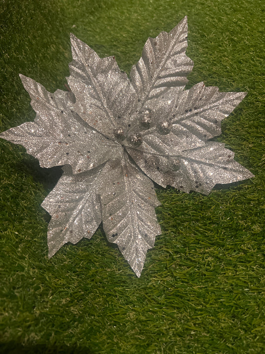 24cm SPARKLE SILVER GLITTER POINSETTIA