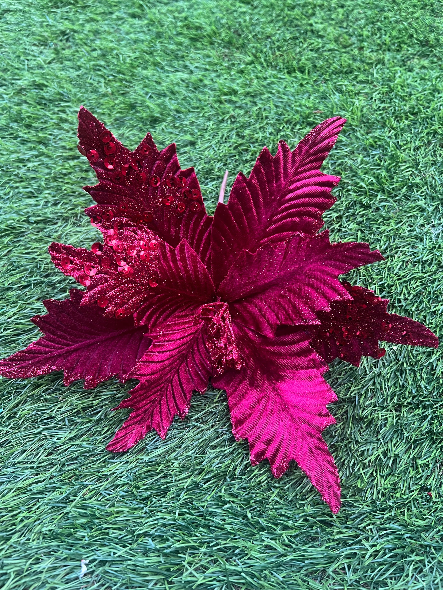 27cm DARK RED VELVET GLITTER POINSETTIA