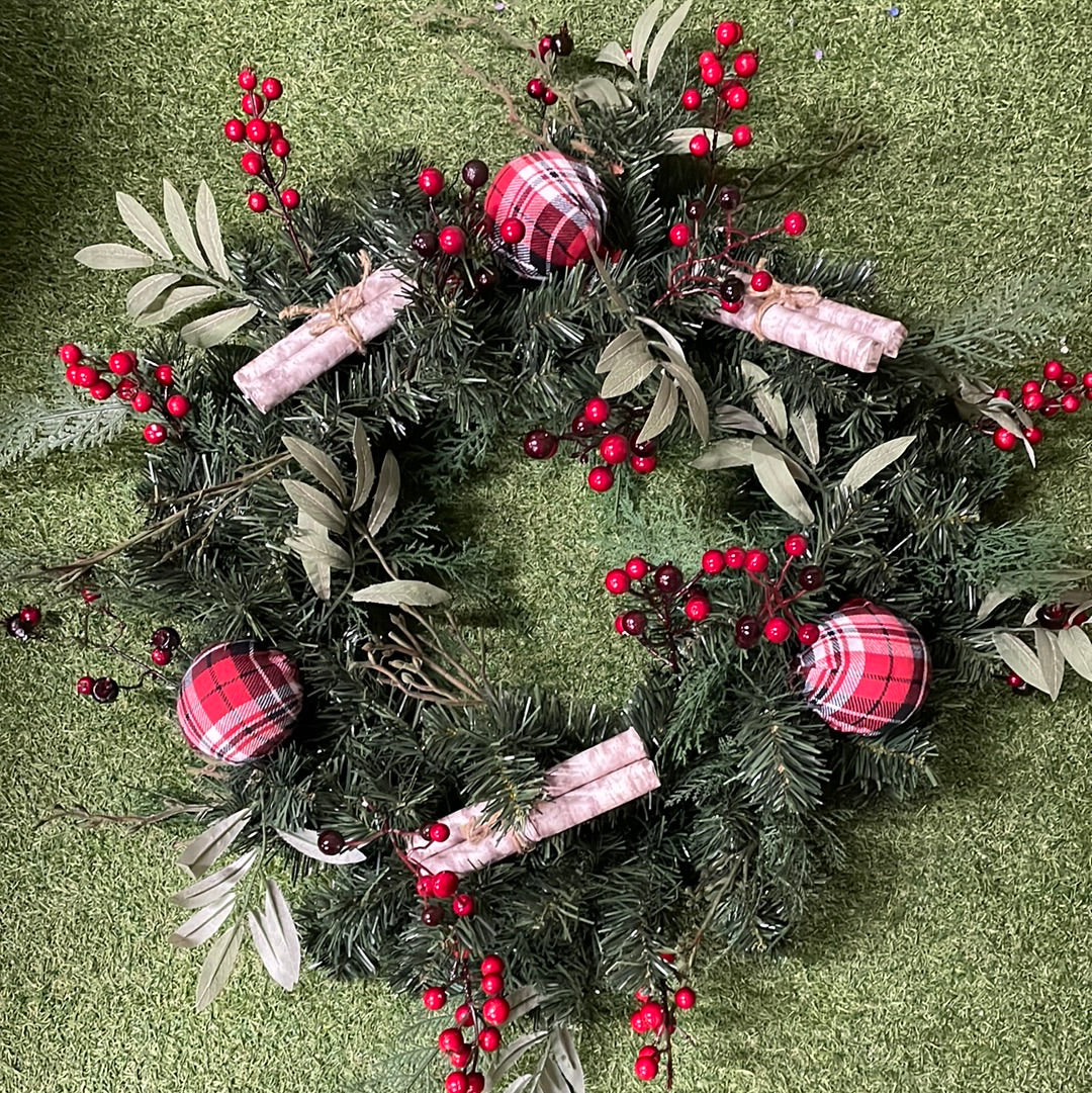 74CM SPRUCE WREATH TARTAN BERRY SCROLL