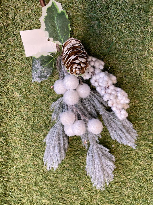 XMAS FLUFFY SPRUCE WHITE BERRY CONE PICK