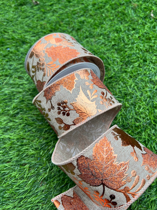 AUTUMN METALLIC COPPER LEAVES RIBBON WIRED 63mm x 9.1m