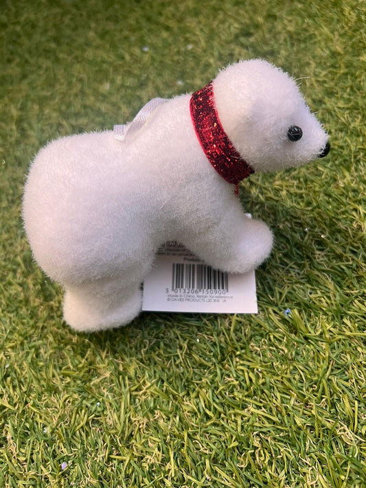 FLUFFY POLAR BEAR RED SCARF BAUBLE