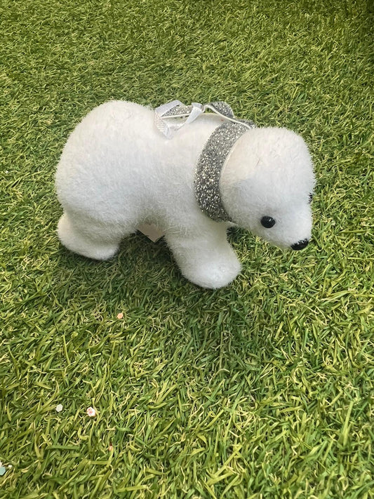 FLUFFY POLAR BEAR SILVER SCARF BAUBLE