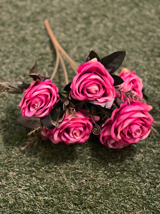 40cm SMALL ROSE WITH FOLIAGE BUNCH DARK PINK