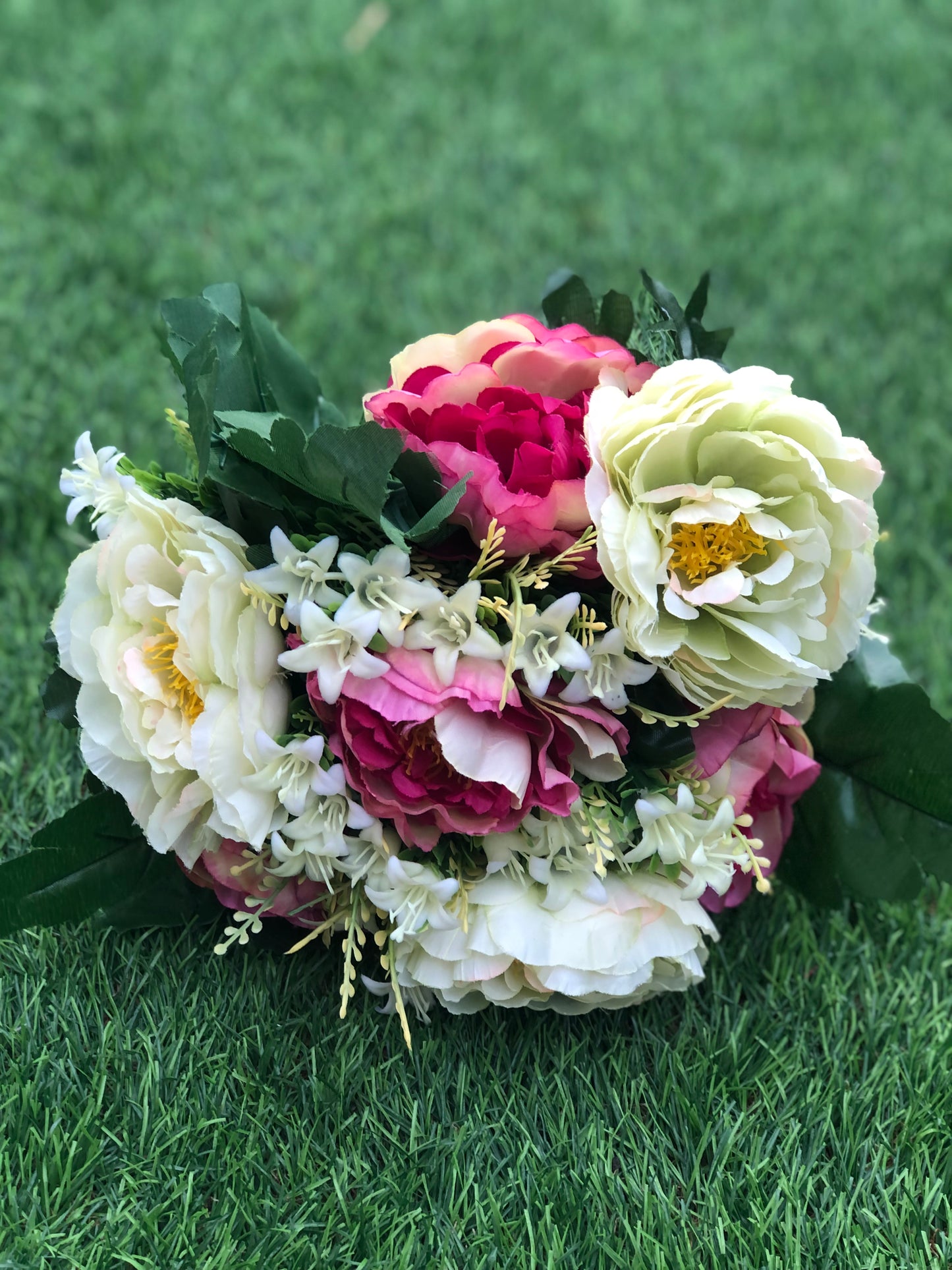 36cm PEONY FOLIAGE LEAF BUNCH PINK CREAM