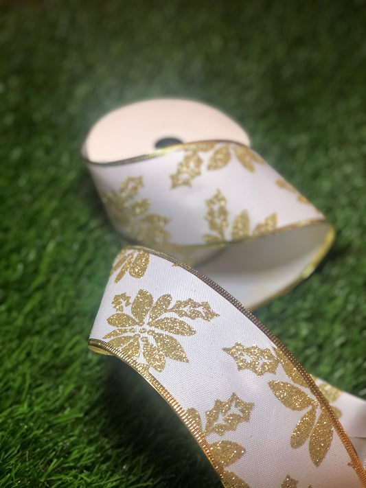 GOLD/WHITE HOLLY WIRED RIBBON 63mm x 10YD