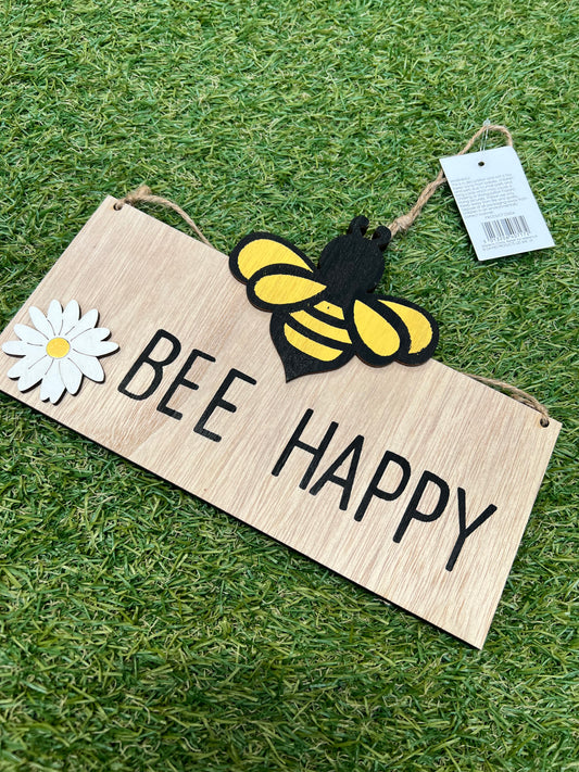 WOODEN BEE HAPPY SIGN - BLACK BEE