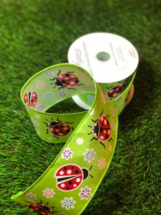 GREEN FORAL LADYBIRD RIBBON WIRED 63mm x 9.1m