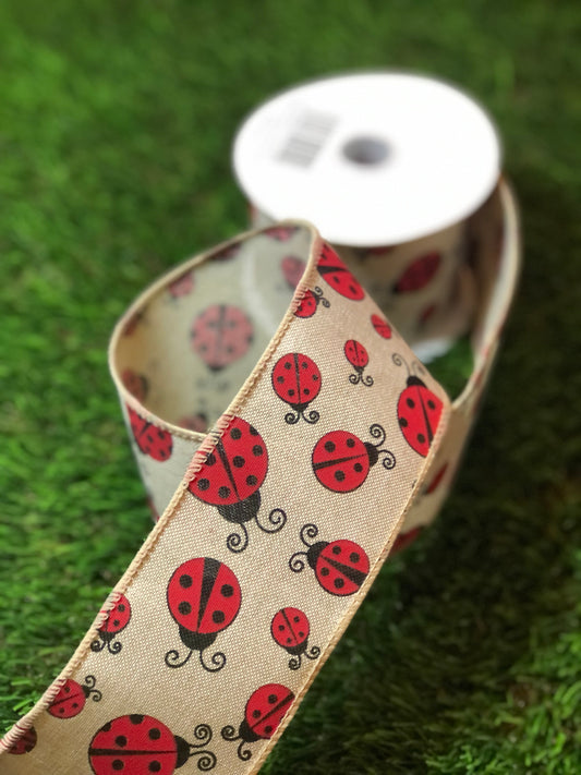 NATURAL LADYBIRD RIBBON WIRED 63mm x 9.1m