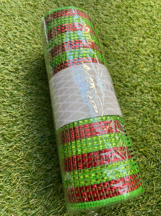 25cm METALLIC DECOMESH ROLL 9.1 yards RED GREEN STRIPE