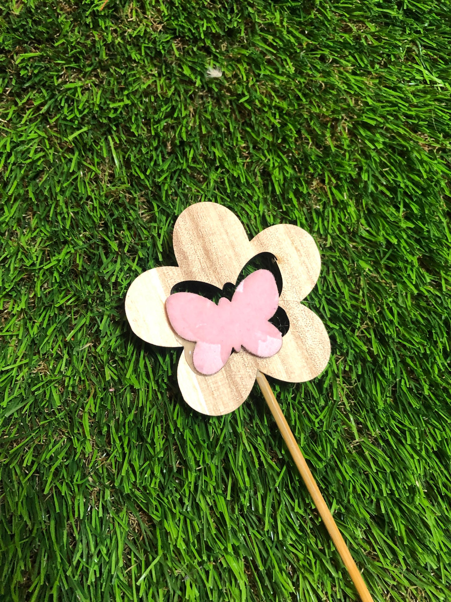 WOODEN FLOWER PICK PINK BUTTERFLY