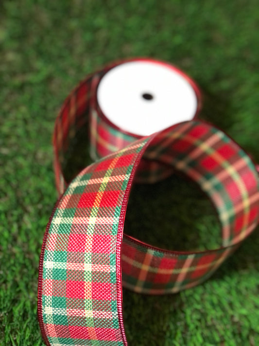 RED GREEN BURLAP TARTAN WIRED RIBBON