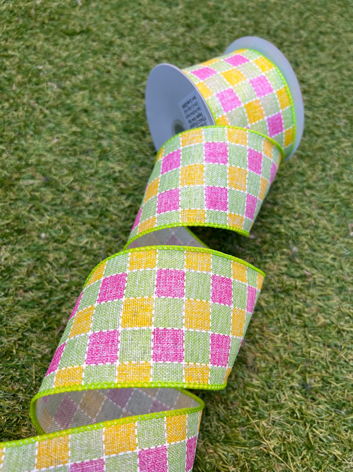 CHECKED WIRED LUXURY RIBBON 63mmx9.1m GREEN/YELLOW