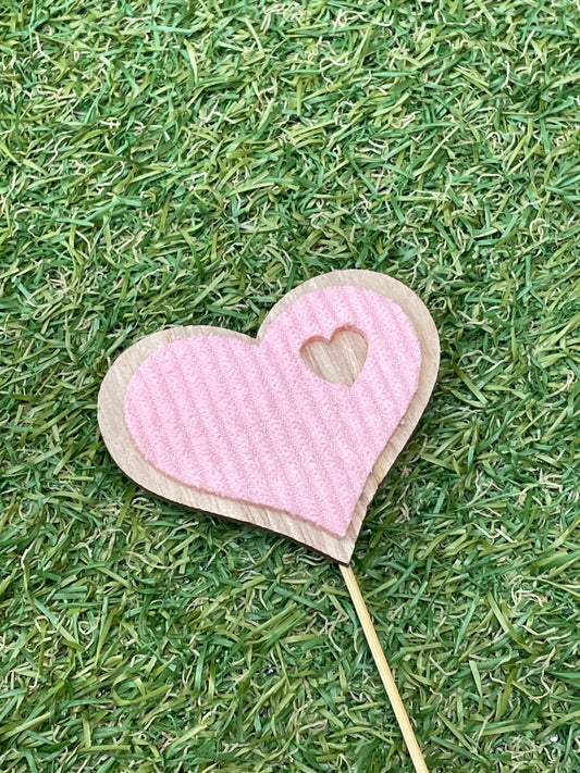 PINK MATERIAL WITH CUT OUT HEART WOODEN HEART PICK PK6
