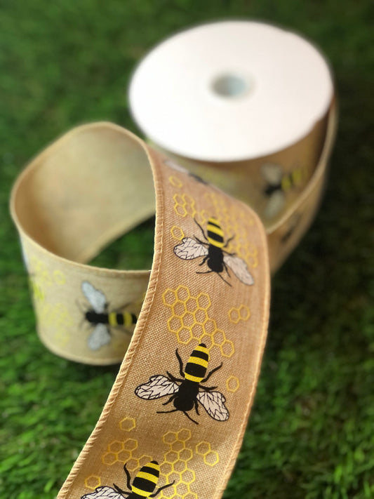 HESSIAN BEE RIBBON WIRED 63mm x 10m