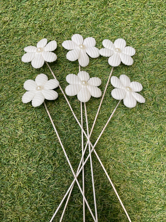 IVORY PATTERN MATERIAL FLOWER WITH PEARL PICKS PK 6