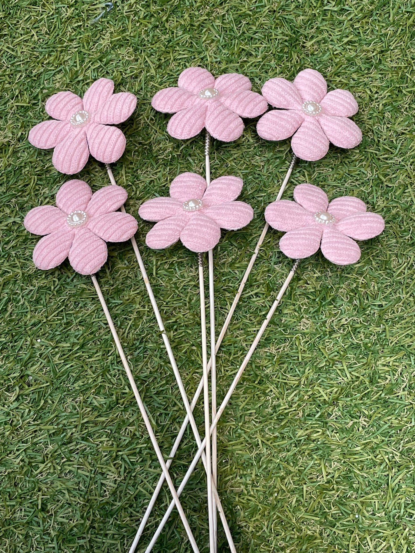 PINK PATTERN MATERIAL FLOWER WITH PEARL PICKS PK 6