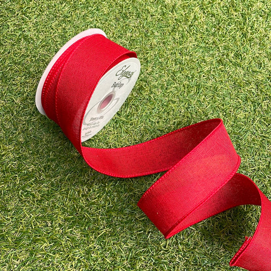 WIRED EDGE BURLAP RIBBON RED 38mm x 10m