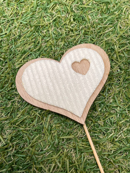 IVORY MATERIAL WITH CUT OUT HEART WOODEN HEART PICK PK6
