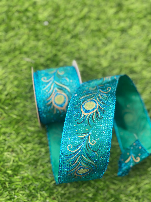 63mm WIRED BLUE PEACOCK RIBBON 10yard
