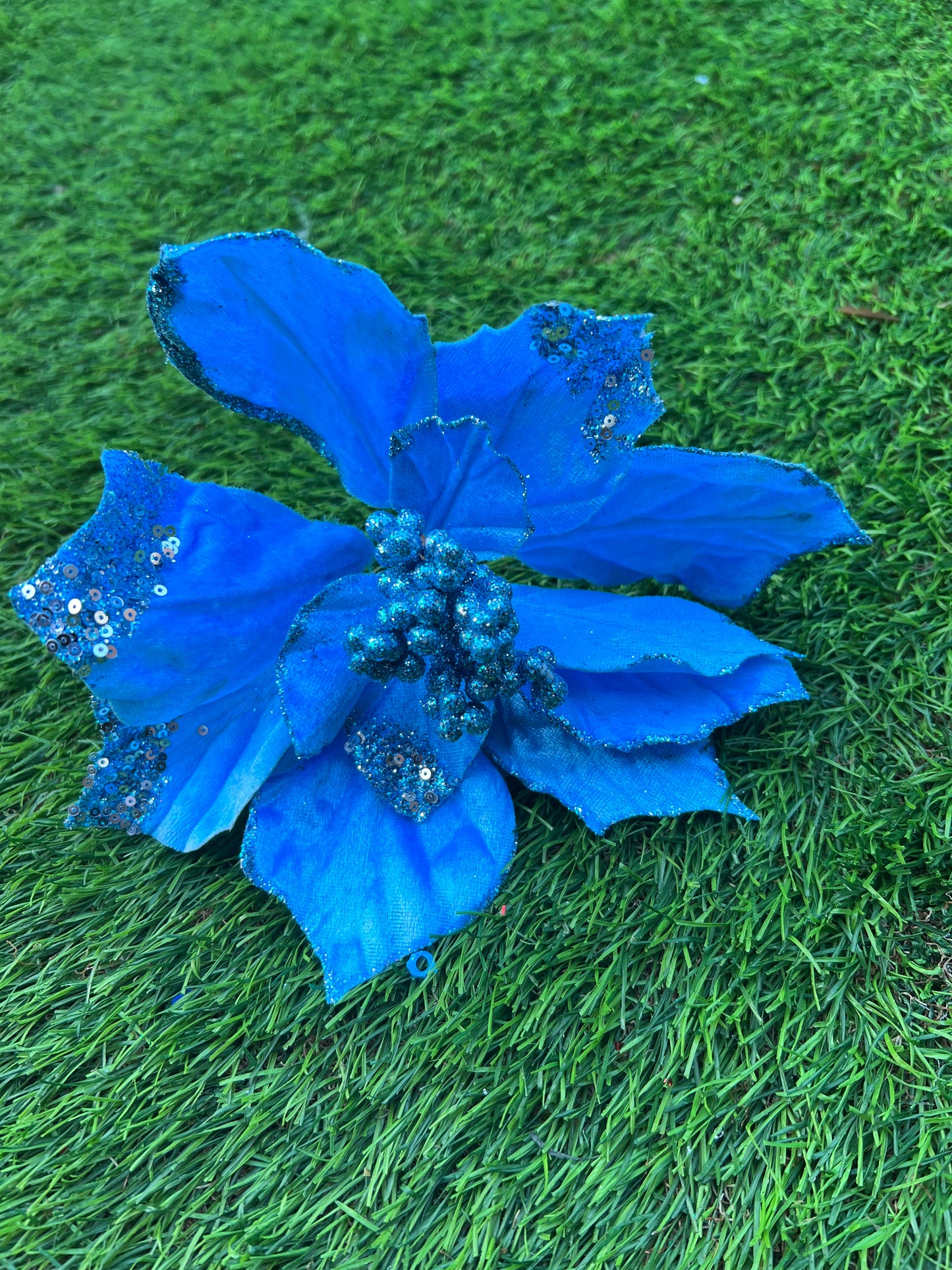 22cm ICE BLUE VELVET POINSETTIA CLIP 22cm