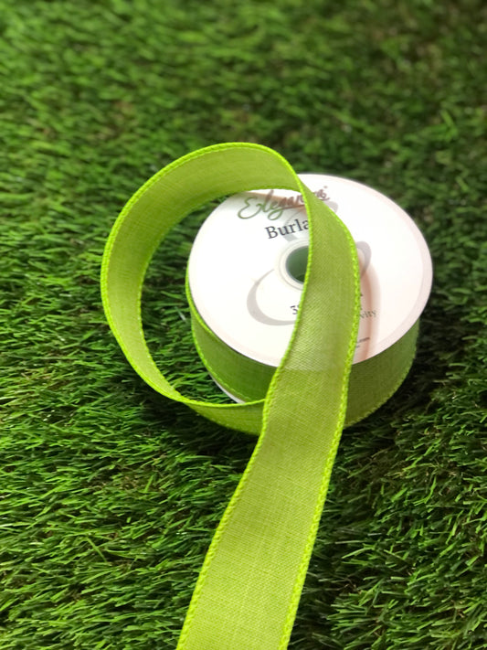 WIRED EDGE BURLAP RIBBON LIME GREEN 38mm x 10m