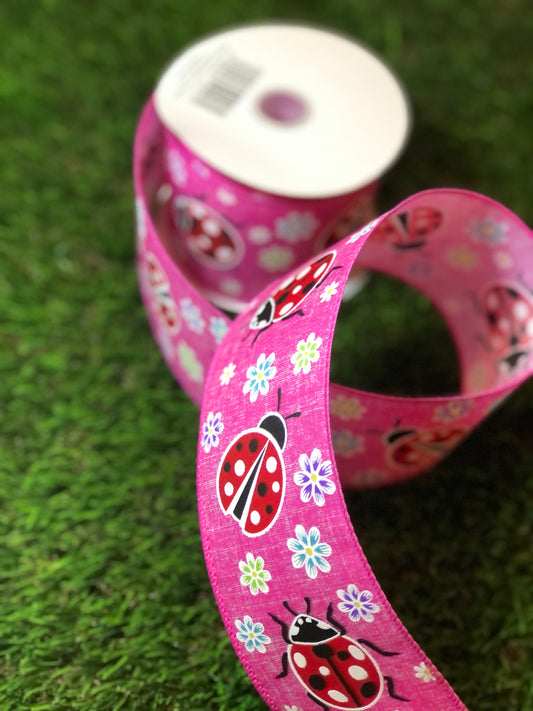 PINK FLORAL LADYBIRD RIBBON WIRED 63mm x 9.1m