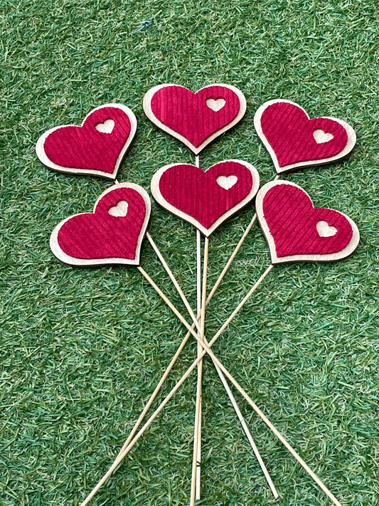RED MATERIAL WITH CUT OUT HEART WOODEN HEART PICK PK6
