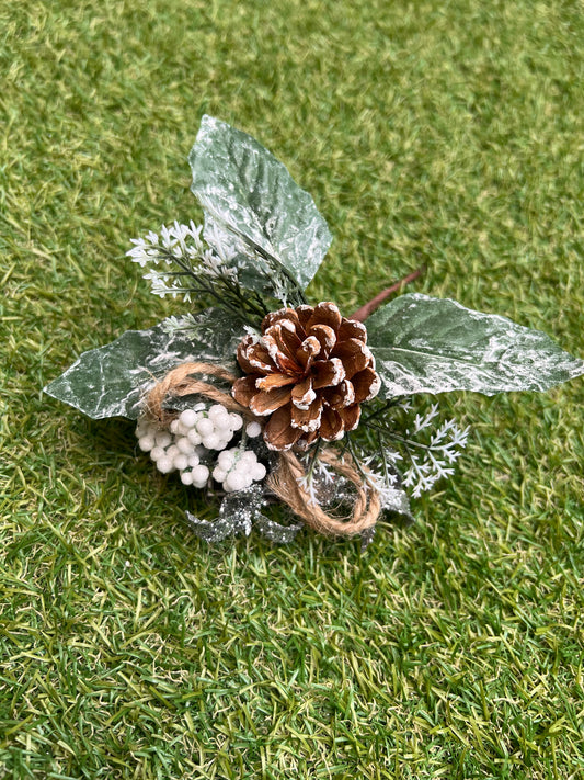 FROSTED FOLIAGE PINE CONE PICK