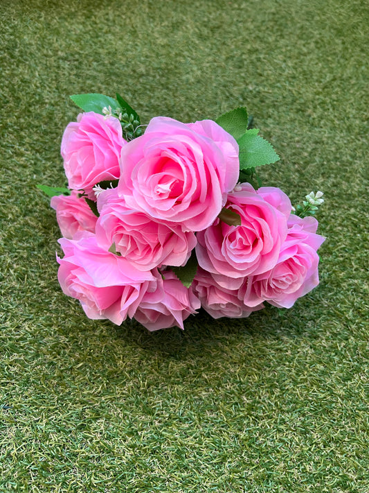 42cm 9 HEAD LARGE CANDY PINK ROSE BUNCH WITH GYP