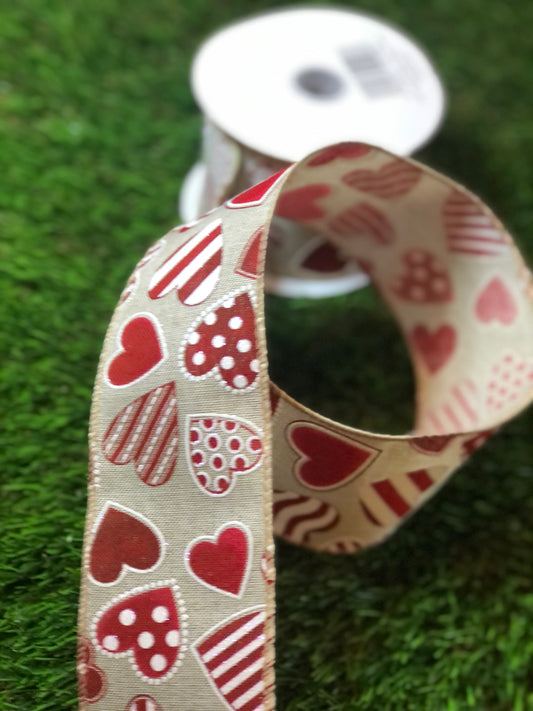 PATTERNED HEARTS RIBBON WIRED 63mm x 9.1m