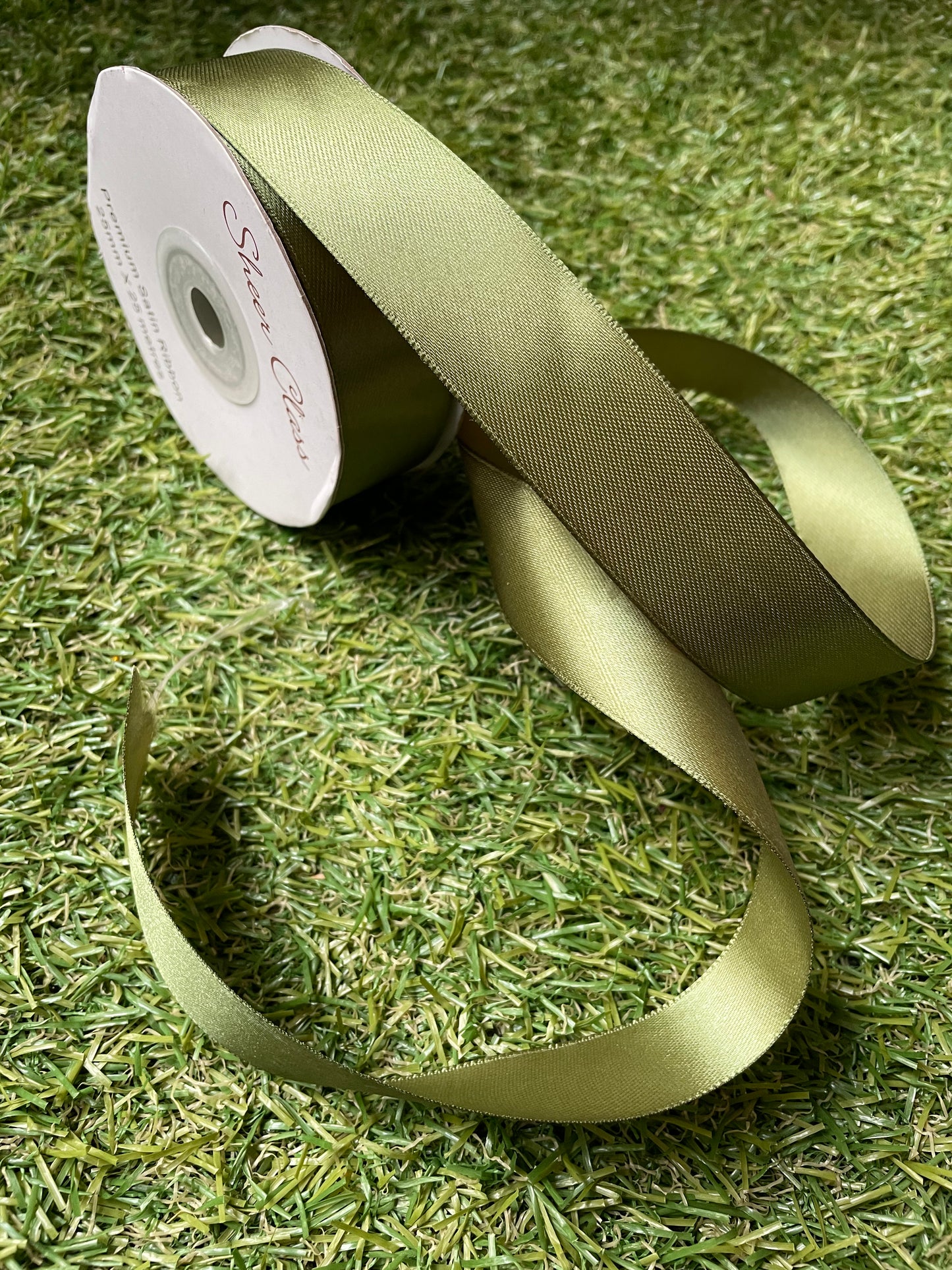 SATIN RIBBON ROLL 25mm x 25m EUCALYPTUS GREEN