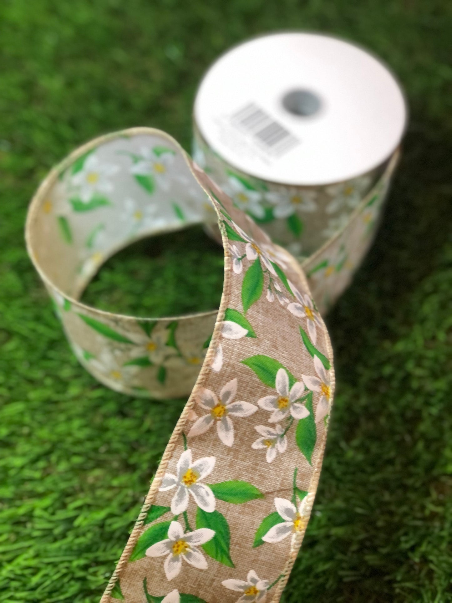 NATURAL FLORAL PATTERN RIBBON WIRED 63mm x 9.1m
