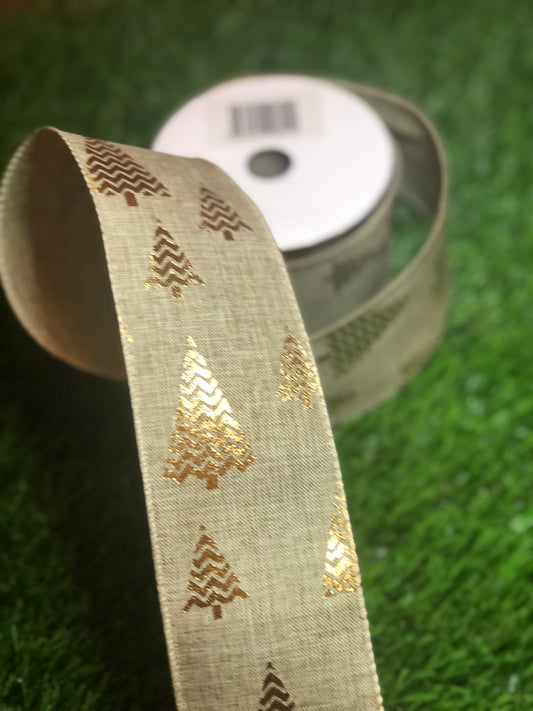 GOLD TREE NATURAL WIRED RIBBON 63mm x 10YD