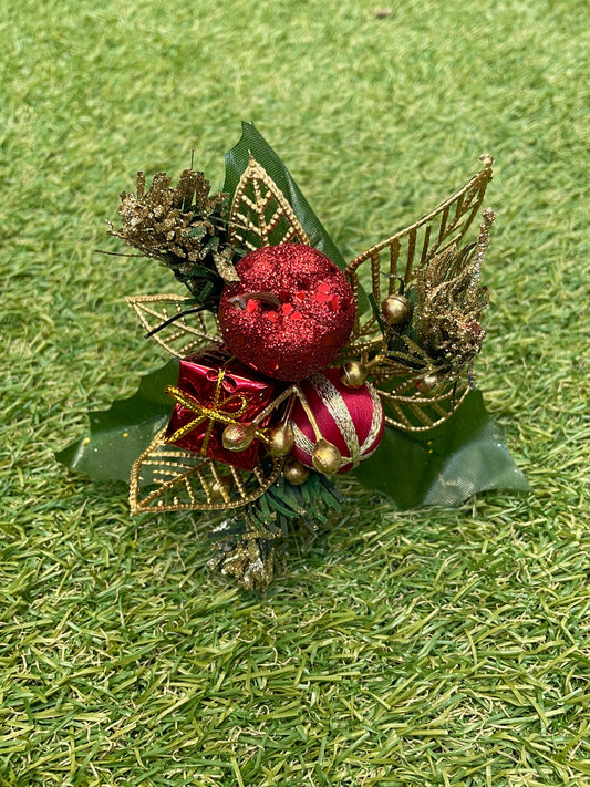 RED GLITTER APPLE WITH PARCEL AND GOLD LEAF GLITTER FOLIAGE XMAS PICK