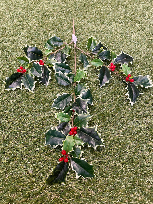 51cm VARIEGATED HOLLY BERRY BRANCH
