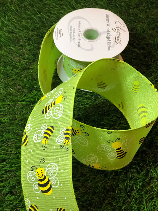 SMILEY GREEN BEE RIBBON WIRED 63mm x 9.1m