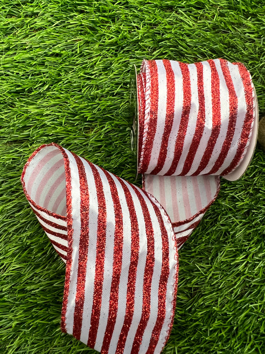 GLITTER RED STRIPE WIRED CANDY RIBBON 2.7metre