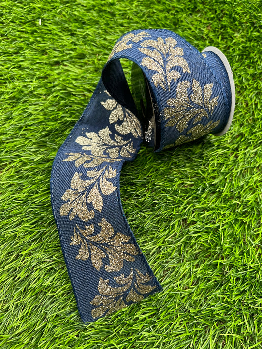 NAVY GOLD GLITTER LEAF  WIRED RIBBON 2.7metre