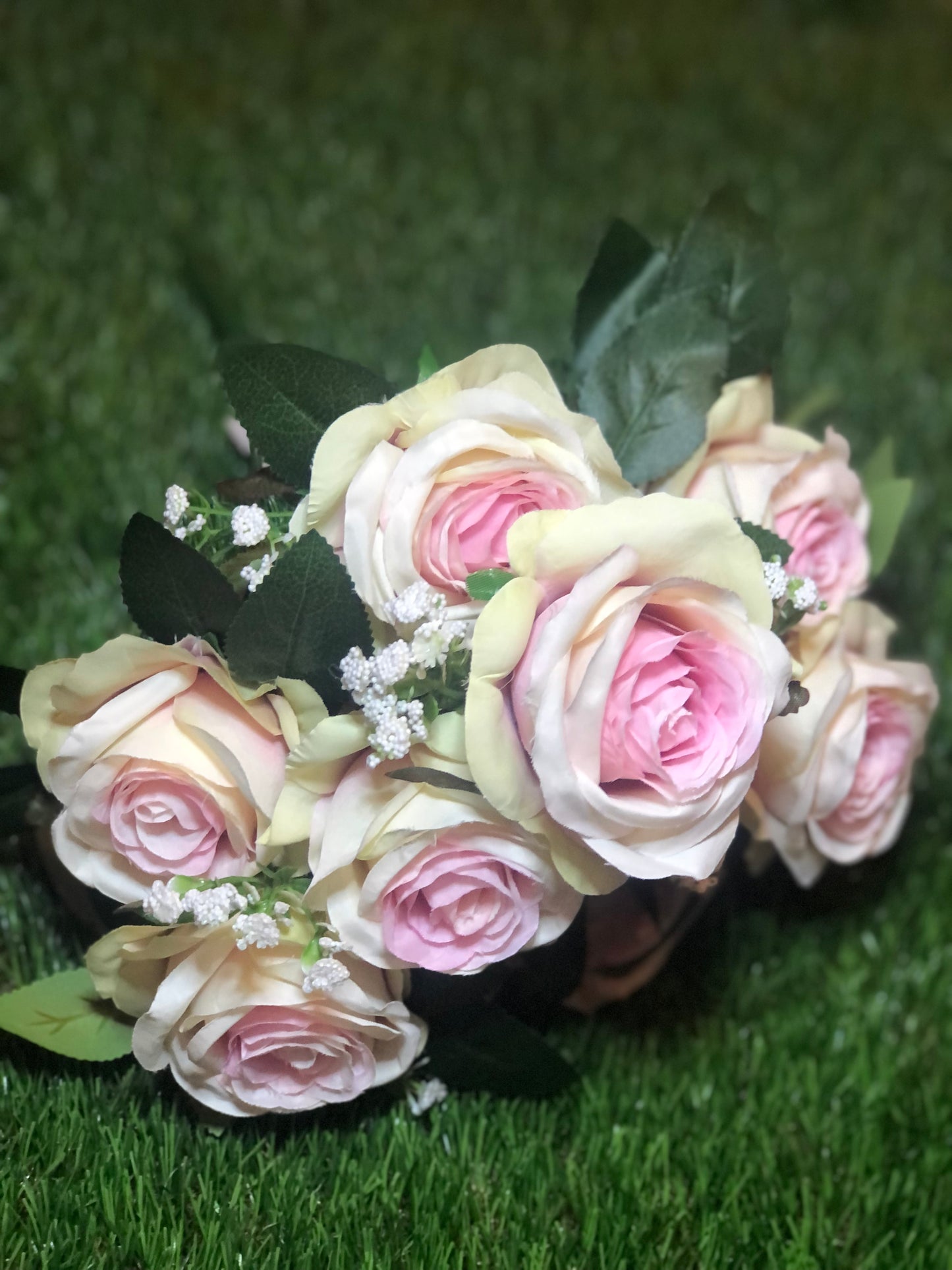 42cm 9 HEAD ROSE BUNCH WITH GYP PINK CENTRE