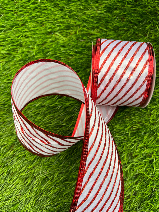 GLITTER RED DIAGONAL WIRED CANDY RIBBON 2.7metre