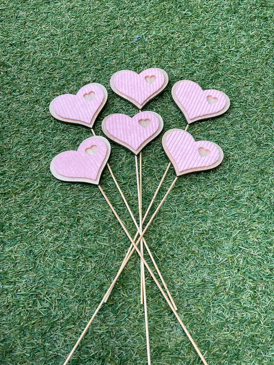 PINK MATERIAL WITH CUT OUT HEART WOODEN HEART PICK PK6